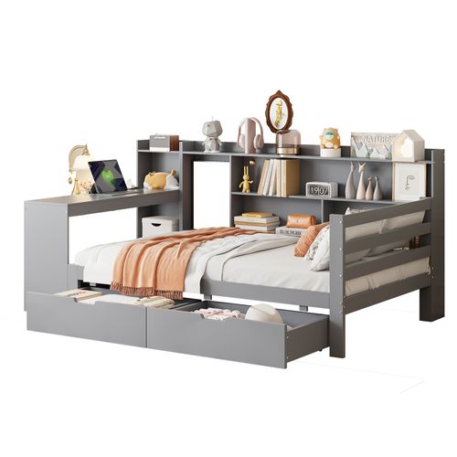 Lit Multifonction 90x200 Cm, Avec Bureau Et Étagères Et Grands Tiroirs, Prises USB, En Bois, Gris