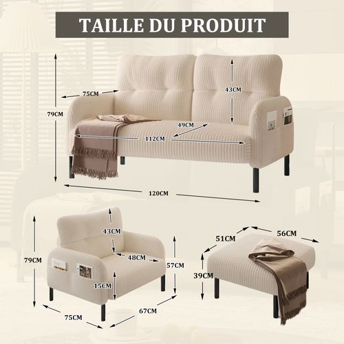 Ensemble Salon 3 Pièces, Canapé 2 Places, Pouf, Fauteuil, Poches Latérales, Velours Côtelé, Beige