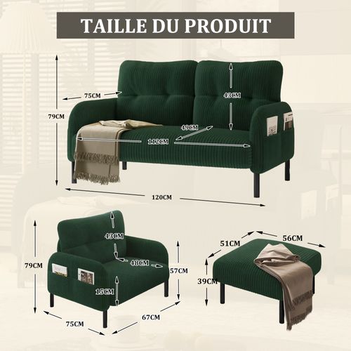 Salon Complet, Canapé 2 Places, Pouf, Fauteuil, Avec Poche Latérale, Velours Côtelé, Vert+noir