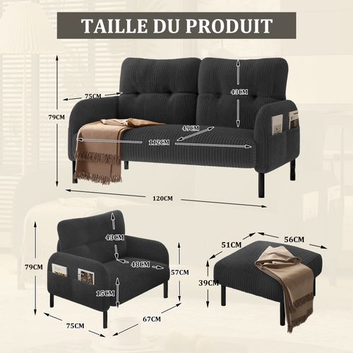 Ensemble Salon 3 Pièces, Canapé 2 Places, Fauteuil, Pouf, Poche Latérale, Velours Côtelé, Gris+noir