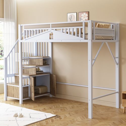 Lit Mezzanine 90x200 Cm Avec Motif Bois, Rangement Et Armoire, Métal, Contreplaqué, Mdf, Blanc