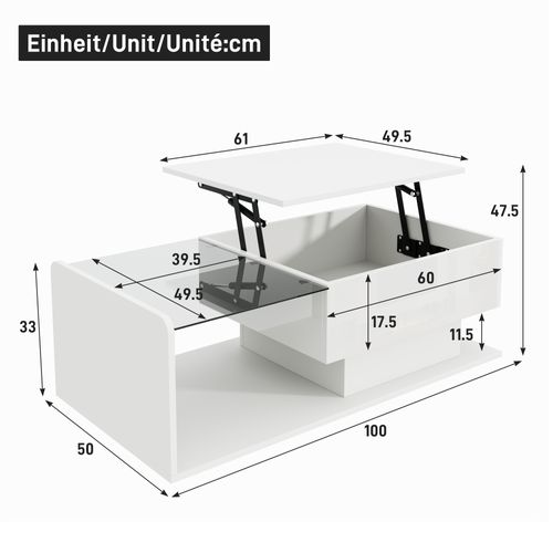 Table Basse 100x50x33 Cm, Plateau En Verre Trempé, Éclairage LED, Panneau De Particules, Blanc