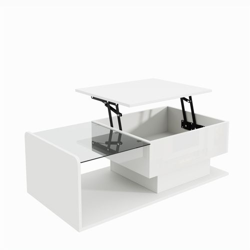 Table Basse 100x50x33 Cm, Plateau En Verre Trempé, Éclairage LED, Panneau De Particules, Blanc