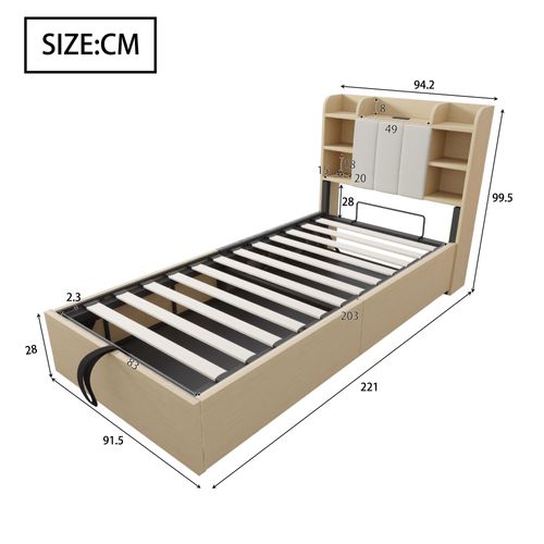 Lit Coffre 90x200 Cm, Ouverture Hydraulique, Tête De Lit Avec Rangement, USB, Mdf, Bois Naturel