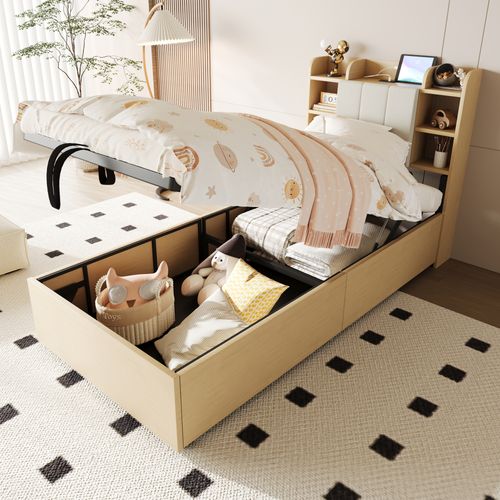 Lit Coffre 90x200 Cm, Ouverture Hydraulique, Tête De Lit Avec Rangement, USB, Mdf, Bois Naturel