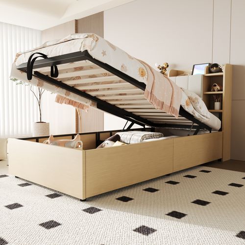 Lit Coffre 90x200 Cm, Ouverture Hydraulique, Tête De Lit Avec Rangement, USB, Mdf, Bois Naturel