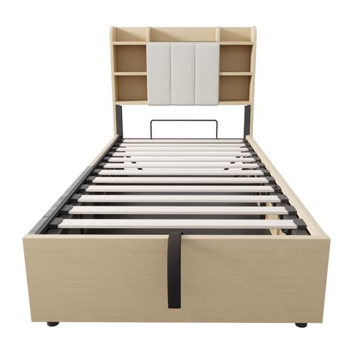 Lit Coffre 90x200 Cm, Ouverture Hydraulique, Tête De Lit Avec Rangement, USB, Mdf, Bois Naturel