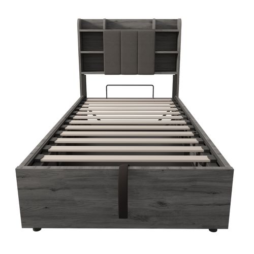 Lit Coffre 90x200 Cm, Rangement Hydraulique, Tête De Lit Avec Rangement, USB Et Type C, Mdf, Gris