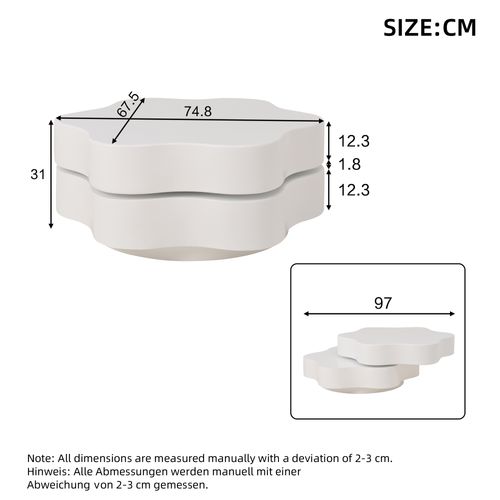 Table Basse 74,8x67,5x31 Cm, Plateau Rotatif 360 Degrés, Design En Forme De Fleur, Mdf, Blanc
