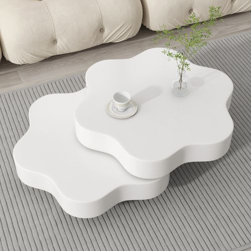 Table Basse 74,8x67,5x31 Cm, Plateau Rotatif 360 Degrés, Design En Forme De Fleur, Mdf, Blanc