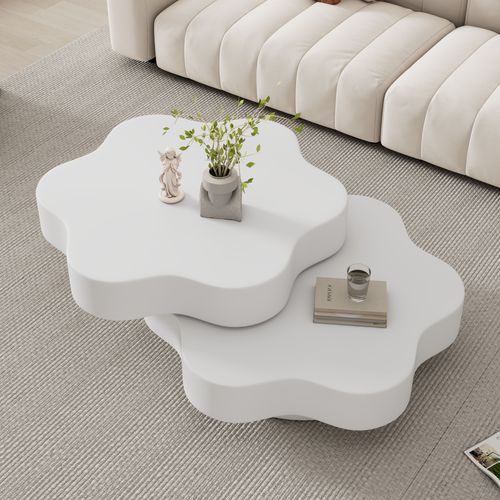 Table Basse 74,8x67,5x31 Cm, Plateau Rotatif 360 Degrés, Design En Forme De Fleur, Mdf, Blanc