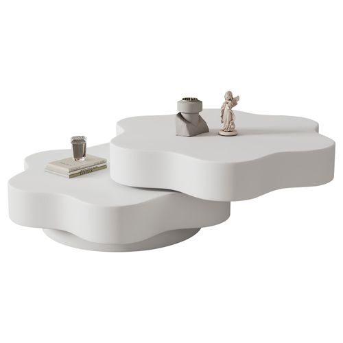 Table Basse 74,8x67,5x31 Cm, Plateau Rotatif 360 Degrés, Design En Forme De Fleur, Mdf, Blanc