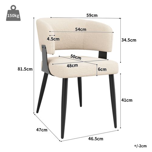 Lot De 2 Chaises 59x50x81.5 Cm, Dossier Ergonomique Courbé, Tissu Flanelle, Pieds Métal, Beige+noir