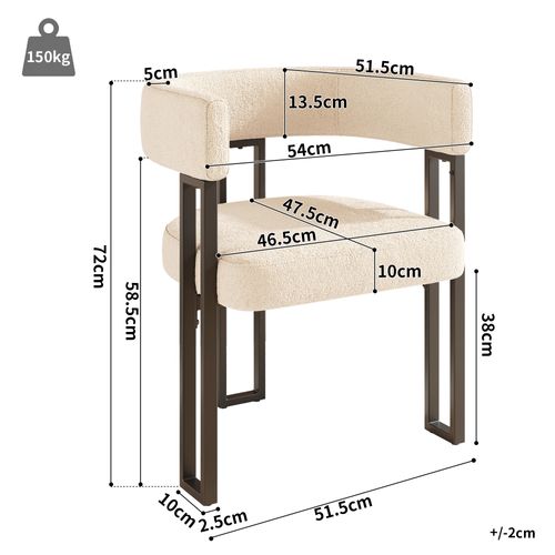 Lot De 2 Chaise 54x51.5x72 Cm, Dossier Incurvé Ergonomique, Assise 10cm, Flanelle, Métal, Beige+noir