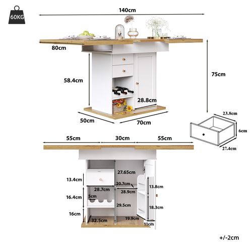 Table Extensible 110/140x80x75 Cm, Extension Bilatérale 3 Positions, Mdf, Métal, Pb, Blanc+bois