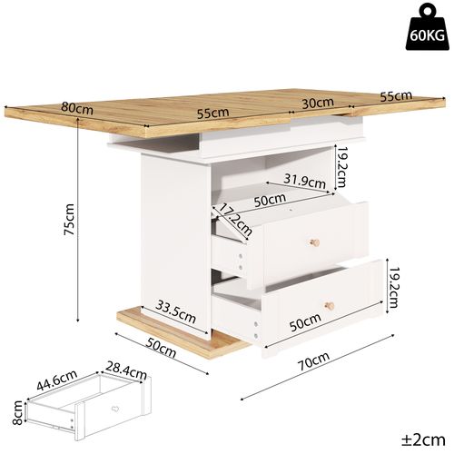 Table Extensible 110-140x80x75 Cm, Système Coulissant Avec Rallonge, 2 Tiroirs, Pb, Mdf, Blanc+bois