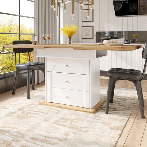 Table Extensible 110-140x80x75 Cm, Système Coulissant Avec Rallonge, 2 Tiroirs, Pb, Mdf, Blanc+bois