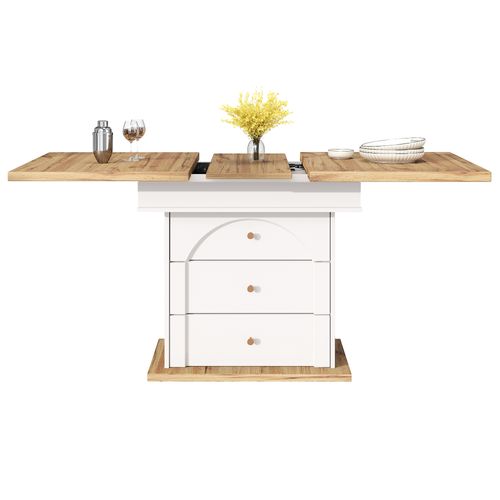 Table Extensible 110-140x80x75 Cm, Système Coulissant Avec Rallonge, 2 Tiroirs, Pb, Mdf, Blanc+bois