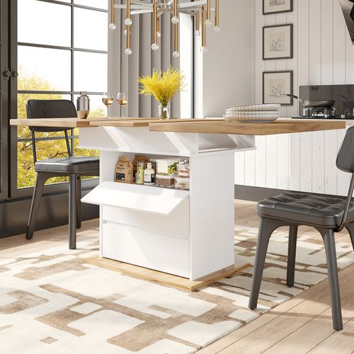 Table Extensible 110/140x80x75cm, Double Rallonge Avec Rangement Discret, 2 Tiroirs, Mdf, Blanc+bois