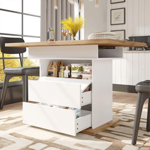 Table Extensible 110/140x80x75cm, Double Rallonge Avec Rangement Discret, 2 Tiroirs, Mdf, Blanc+bois