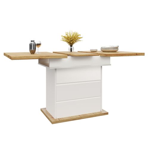 Table Extensible 110/140x80x75cm, Double Rallonge Avec Rangement Discret, 2 Tiroirs, Mdf, Blanc+bois