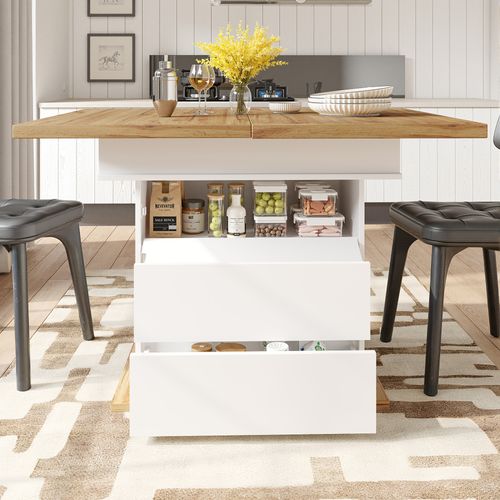 Table Extensible 110/140x80x75cm, Double Rallonge Avec Rangement Discret, 2 Tiroirs, Mdf, Blanc+bois