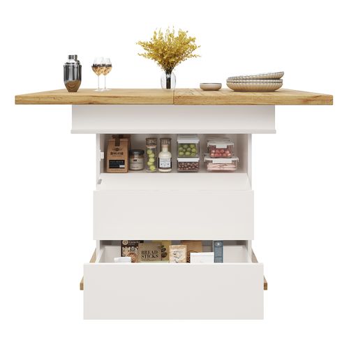 Table Extensible 110/140x80x75cm, Double Rallonge Avec Rangement Discret, 2 Tiroirs, Mdf, Blanc+bois