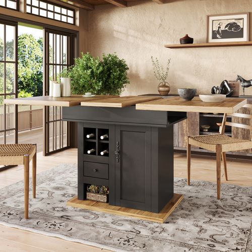 Table à Manger Extensible 110/140x80x75cm, Double Extension Avec Rangement, Tiroir, Mdf, Noir+bois