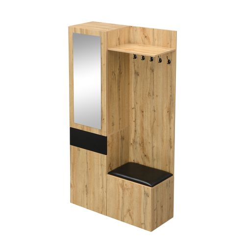 Ensemble D'entrée 98,5x38x191 Cm, Miroir Avec Rangement Et Banc, Mdf, Couleur Bois+noir