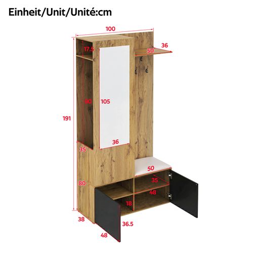 Meuble D'entrée 100x38x191 Cm, Miroir Et Banquette, 2 Portes, 2 Niches, Mdf, Couleur Bois+noir