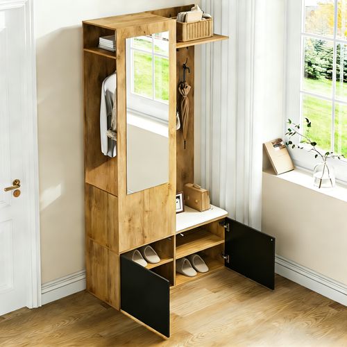 Meuble D'entrée 100x38x191 Cm, Miroir Et Banquette, 2 Portes, 2 Niches, Mdf, Couleur Bois+noir