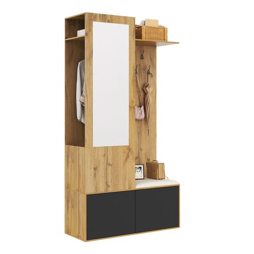 Meuble D'entrée 100x38x191 Cm, Miroir Et Banquette, 2 Portes, 2 Niches, Mdf, Couleur Bois+noir