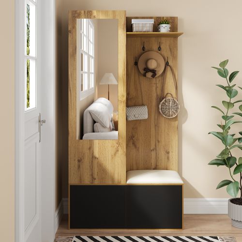 Meuble D'entrée 100x38x191 Cm, Miroir Et Banquette, 2 Portes, 2 Niches, Mdf, Couleur Bois+noir