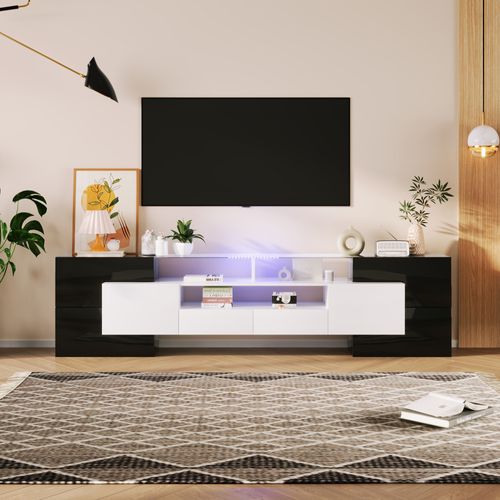 Meuble TV 200x35x60 Cm Avec Rangement, LED Multicolore, Panneau De Particules Et Mdf, Noir, Blanc
