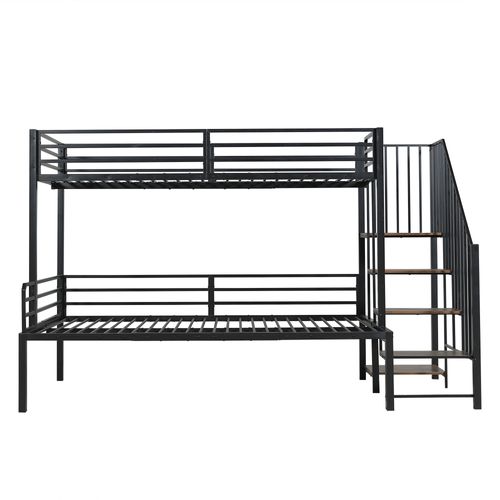 Lit Superposé 90/120x200 Cm Avec Motif Bois, Escalier Avec Rangement, Métal Et Mdf, Noir, Marron