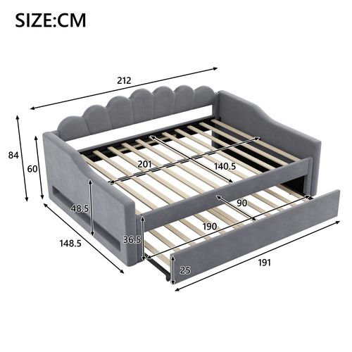 Lit Gigogne 140x200+90x190 Cm, 2 En 1, LED 7 Couleurs, Mdf Et Contreplaqué, Gris