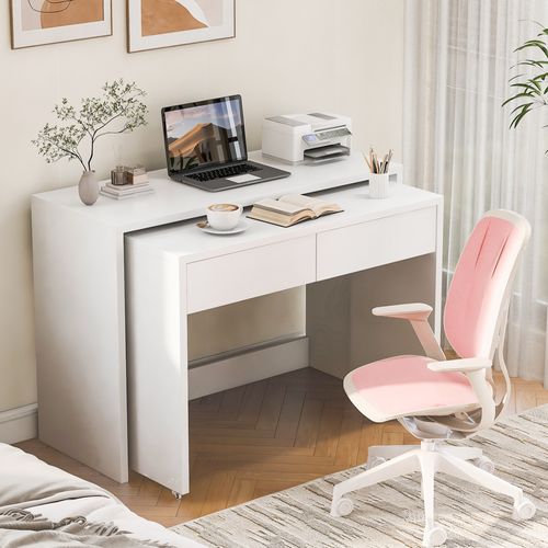 Bureau Extensible 110x40x78 Cm, 2 En 1 Pliable Et Mobile, 2 Tiroirs, Panneau De Particules, Blanc