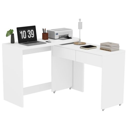 Bureau Extensible 110x40x78 Cm, 2 En 1 Pliable Et Mobile, 2 Tiroirs, Panneau De Particules, Blanc