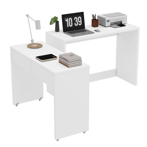 Bureau Extensible 110x40x78 Cm, 2 En 1 Pliable Et Mobile, 2 Tiroirs, Panneau De Particules, Blanc
