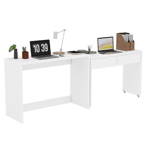 Bureau Extensible 110x40x78 Cm, 2 En 1 Pliable Et Mobile, 2 Tiroirs, Panneau De Particules, Blanc