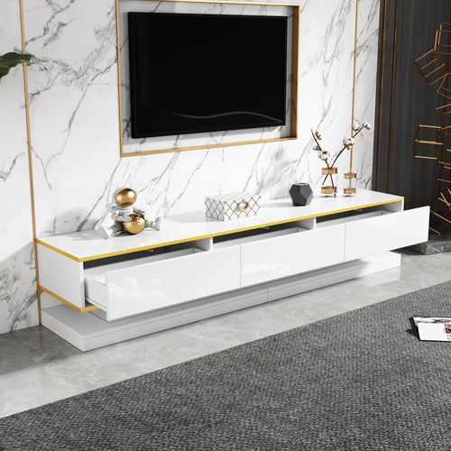 Meuble TV 200x40x40 Cm, Tiroirs, Finition Blanc Chaud Laqué Brillant, Panneaux De Particules, Blanc