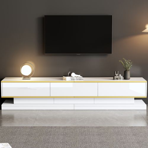Meuble TV 200x40x40 Cm, Tiroirs, Finition Blanc Chaud Laqué Brillant, Panneaux De Particules, Blanc