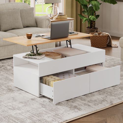 Table Basse Relevable 100x50x40 Cm, 2 Tiroirs Et Rangements, Panneaux De Particules, Blanc, Bois