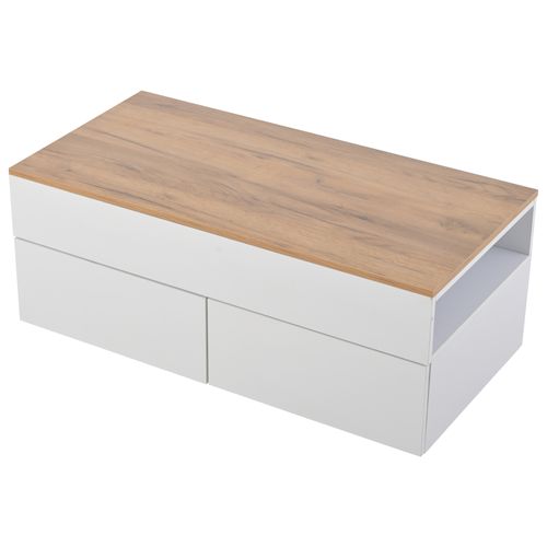 Table Basse Relevable 100x50x40 Cm, 2 Tiroirs Et Rangements, Panneaux De Particules, Blanc, Bois