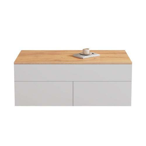 Table Basse Relevable 100x50x40 Cm, 2 Tiroirs Et Rangements, Panneaux De Particules, Blanc, Bois