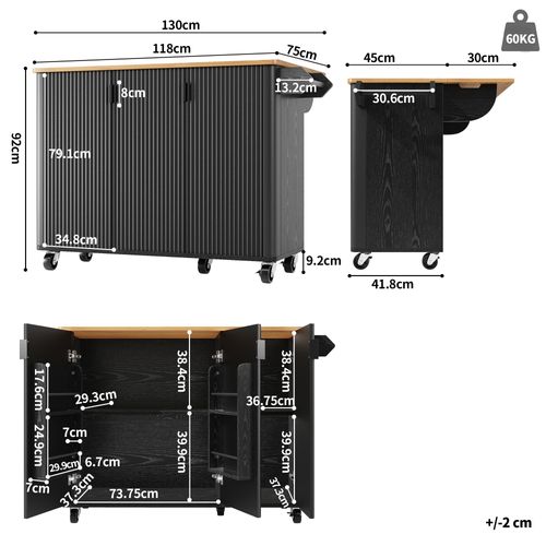 Îlot De Cuisine 130x45(75)x92 Cm, Plateau Pliable, 3 Portes, Étagères, Roulettes, Mdf, Noir+bois