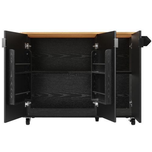 Îlot De Cuisine 130x45(75)x92 Cm, Plateau Pliable, 3 Portes, Étagères, Roulettes, Mdf, Noir+bois