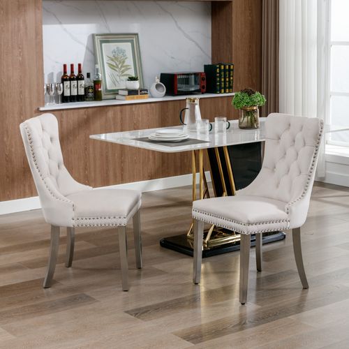 Lot De 2 Chaises De Salle à Manger, 95x62x50 Cm, Avec Détails Rivetés, Velours Beige