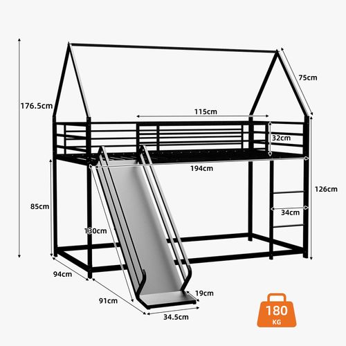 Lit Superposé Simple 90x190 Cm Avec Toboggan, 1 Sommier, Forme De Maison Avec Échelle, En Fer Noir
