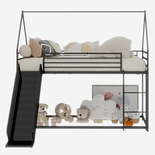 Lit Superposé Simple 90x190 Cm Avec Toboggan, 1 Sommier, Forme De Maison Avec Échelle, En Fer Noir